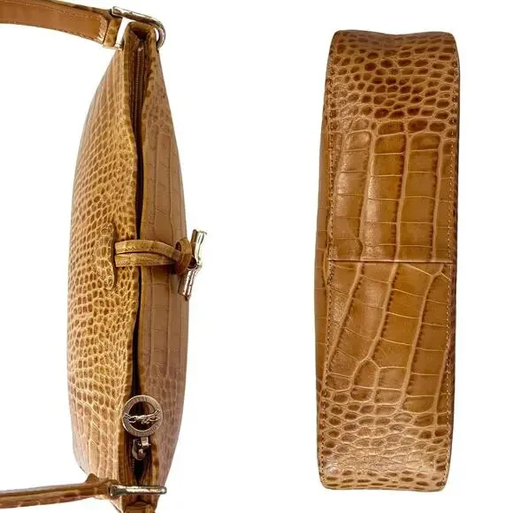 Longchamp Roseau Croc Embossed Shoulder Bag Vintage Leather Y2K Bamboo Toggle